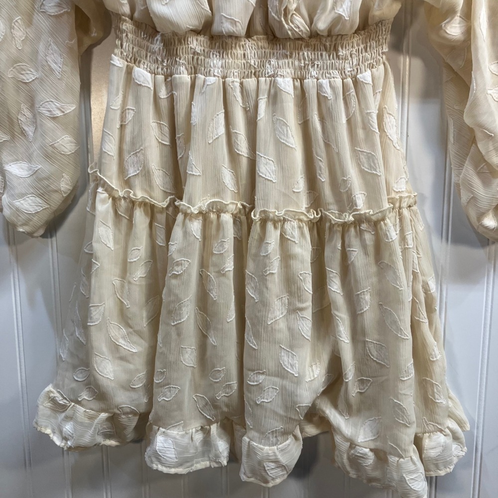 Peach Love California Cream Embroidered Leaf Smocked Tiered Mini Dress L Peasant - Picture 6 of 11